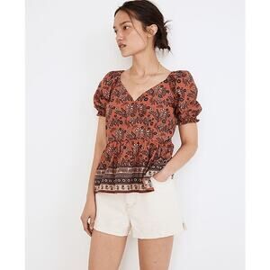 Madewell Womens Small Puff-Sleeve Peplum Top in Cavoli Floral